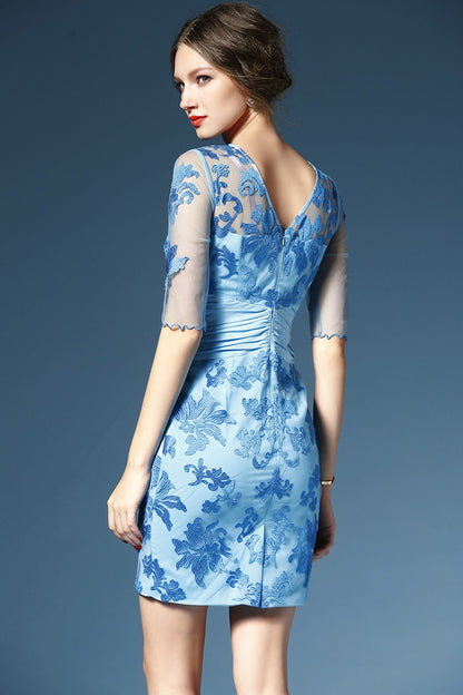 ROUND NECK CHIFFON EMBROIDERY S-LINE SLIM COCKTAIL PARTY DRESS