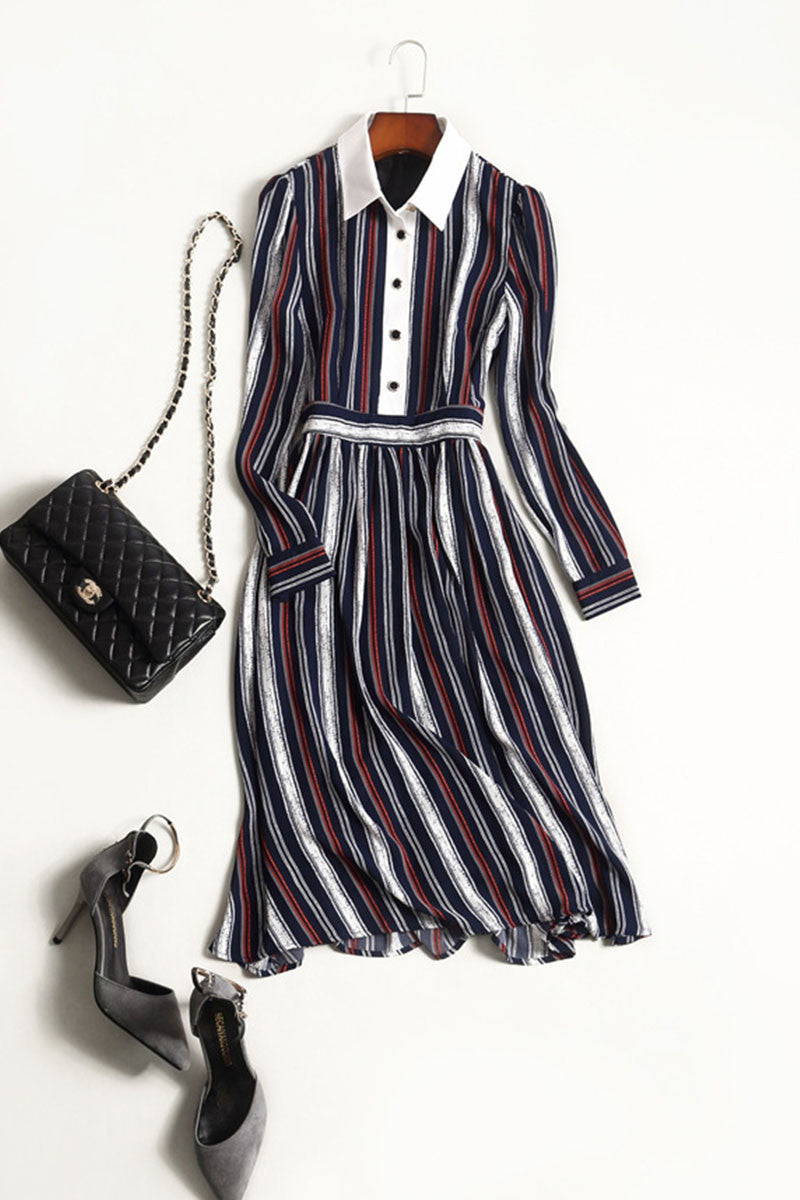 Roll Collar Colorful Retro Pattern Color Stripes Vertical  Dress - NJOYDRESS - 1
