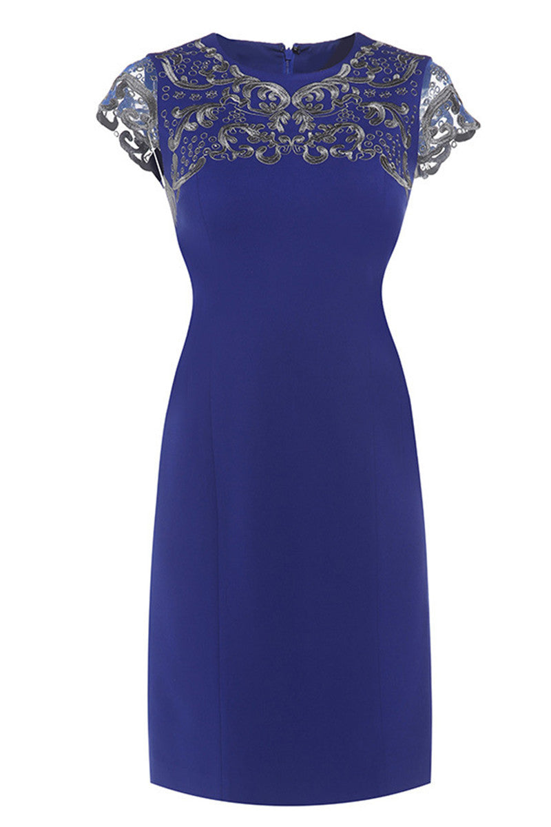 Round Collar Sheer Sleeve Embroidery Slim Dress