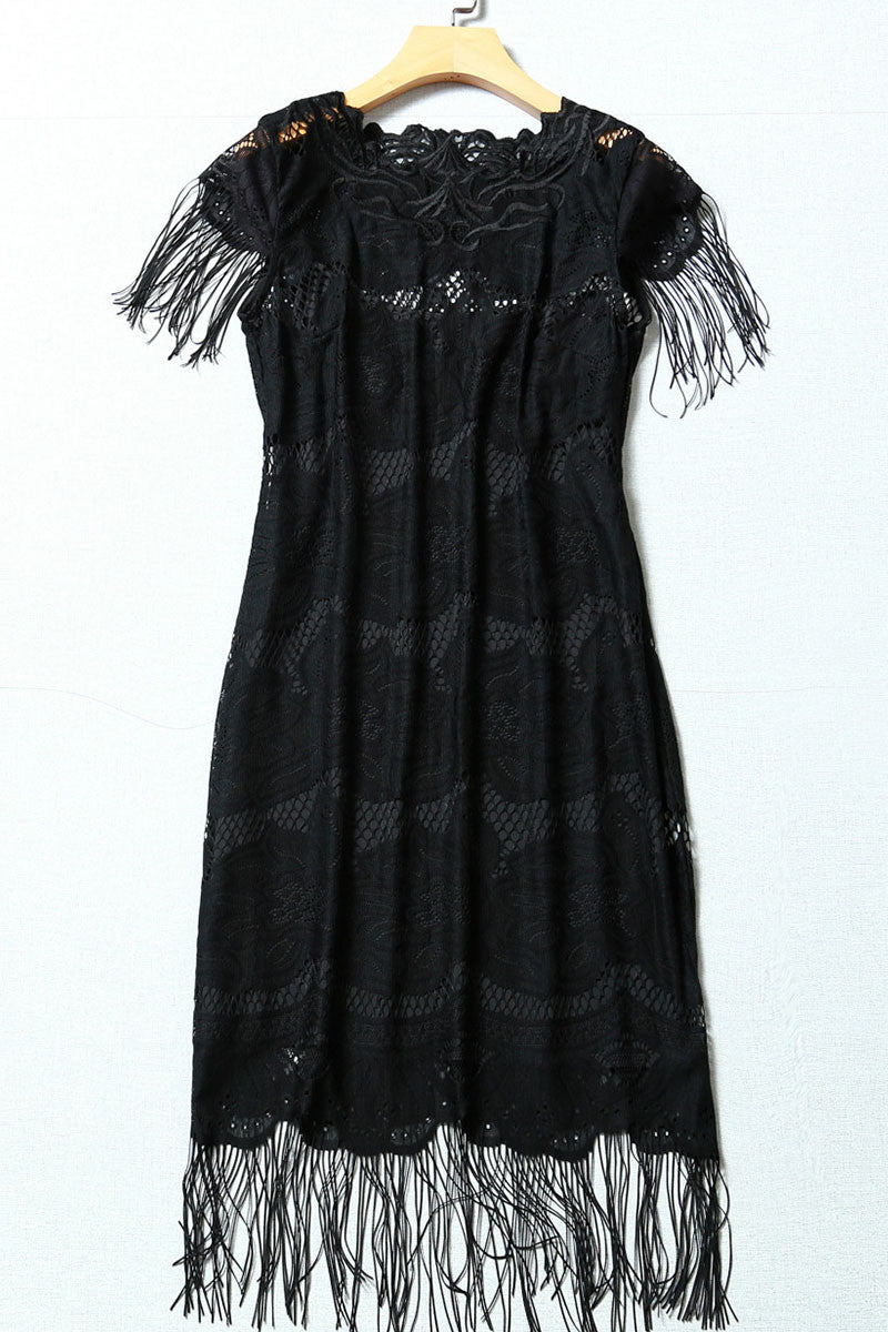 Sheer Crohet Floral Lace Tassel Hemline Slim Dress