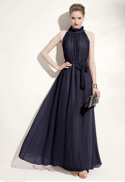 Ruffle Neck Solid Chiffon Boho Dress