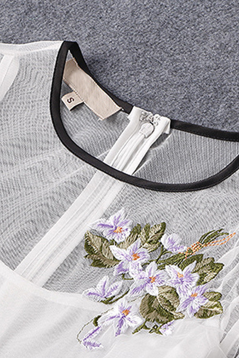 VINTAGE FLOWER EMBROIDERY ROUND NECK CHIFFON CASUAL DRESS