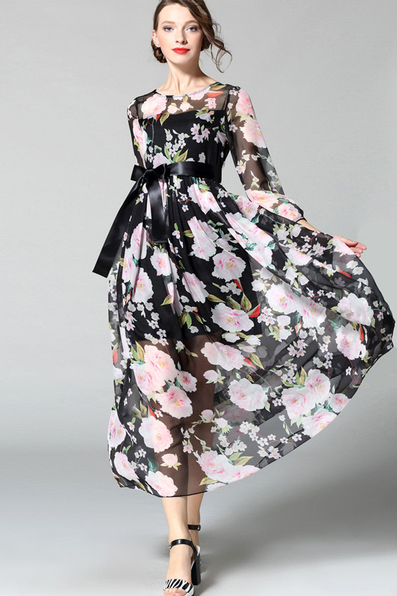 Floral Printting Maxi Dress With Belt - NJOYDRESS - 1