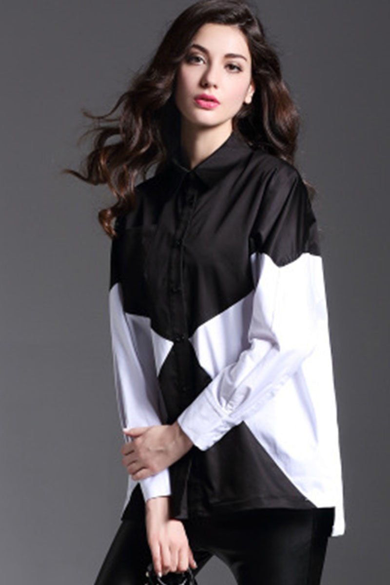 Lapel Neck Button Down Black And White Color Block Loose Blouse