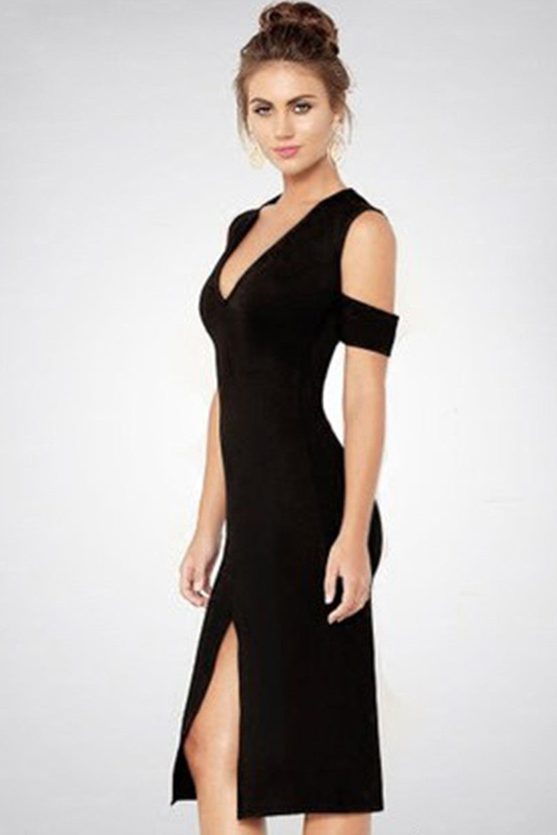 Low Cut Off Shoulder Mid-Slit Bodycon Club Dress