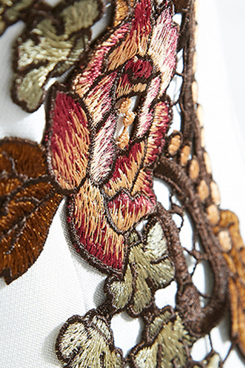 CASUAL ROUND NECK SLEEVE LOTUS EMBROIDERY SINGLE-BREASTED DRESS
