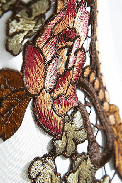 CASUAL ROUND NECK SLEEVE LOTUS EMBROIDERY SINGLE-BREASTED DRESS