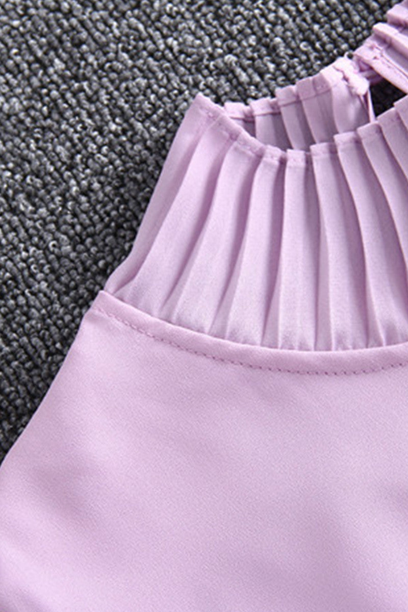 Pleated Mock Neck Chiffon Top With Lace Skirt Dress
