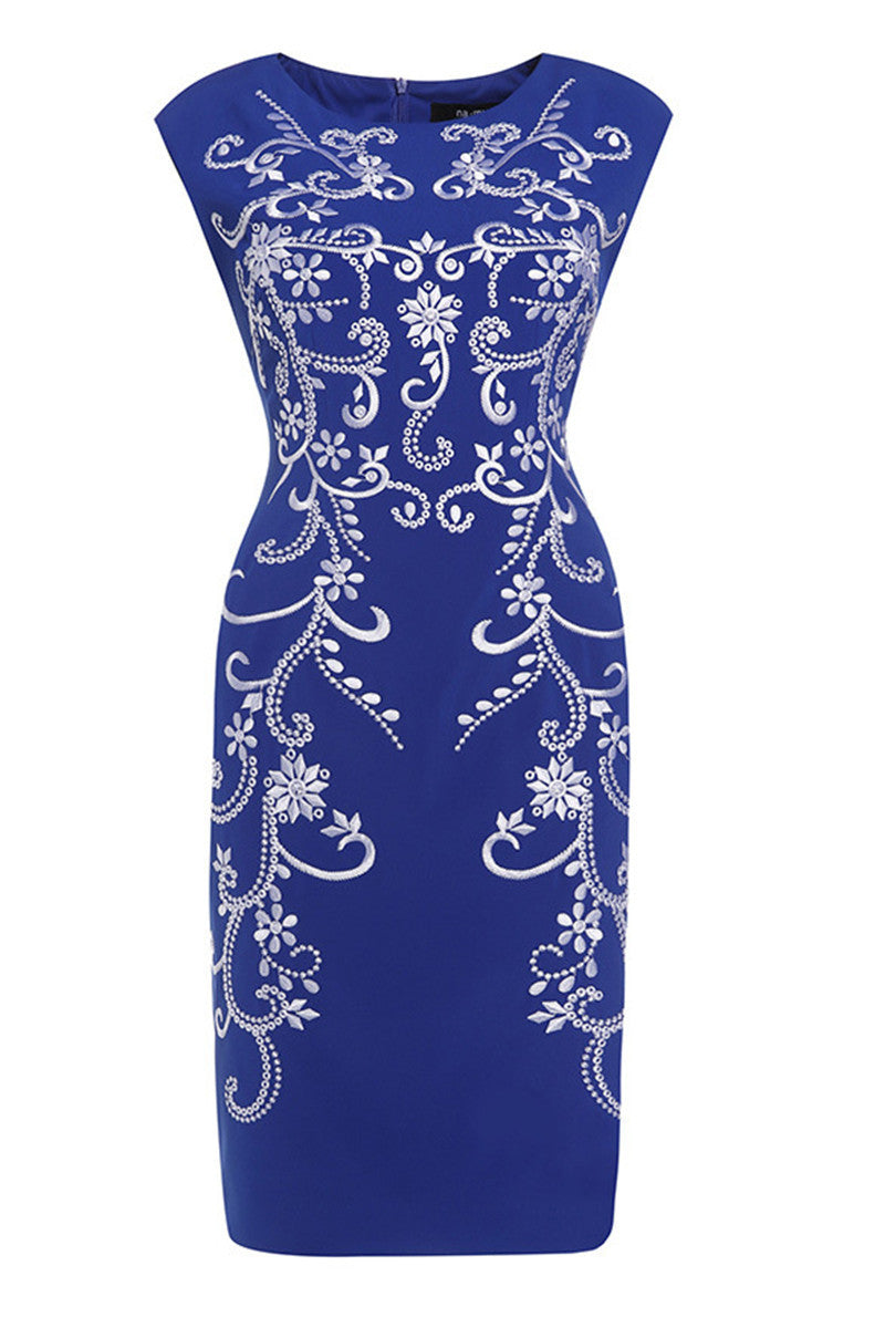 Round Collar Full Embroidery Pattern Slim Elegant Dress