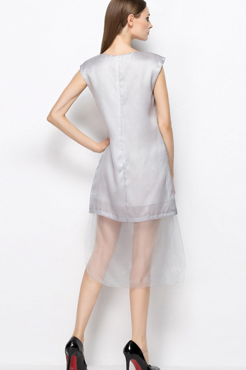 Round Collar Embriodery Sheer Mesh Hem  Dress