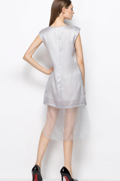 Round Collar Embriodery Sheer Mesh Hem  Dress