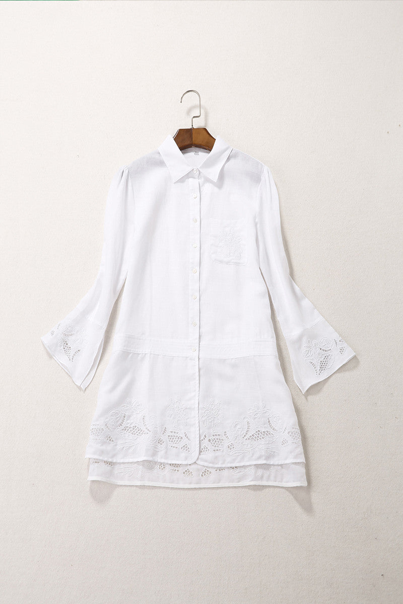 Slit Sleeve Emboridered Cotton Solid Button Down Shirt