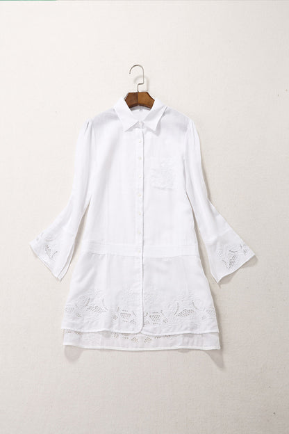 Slit Sleeve Emboridered Cotton Solid Button Down Shirt