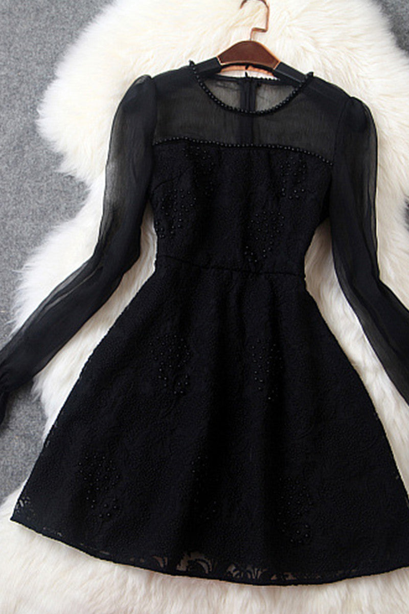 WOMEN'S GRACE ROUND NECK LACE LONG SLEEVE SLIM DRESS