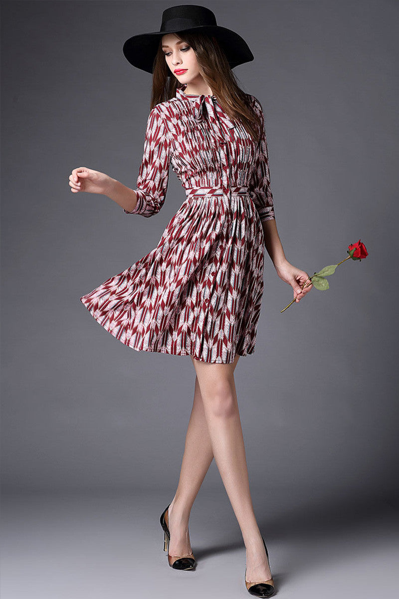 Pintuck  Shirtdress With Bow Tie On Neck