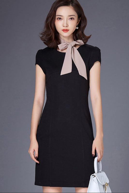WOMEN'S ELEGANT WEAR TO WORK SHORT SLEEVE FORMAL BLACK SHORT DRESS