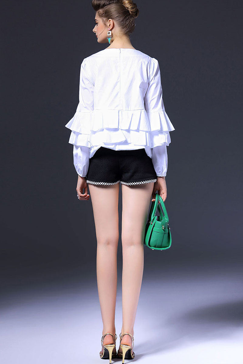 Round Collar Frill Flare Hem Mluti Layer Top