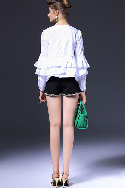 Round Collar Frill Flare Hem Mluti Layer Top