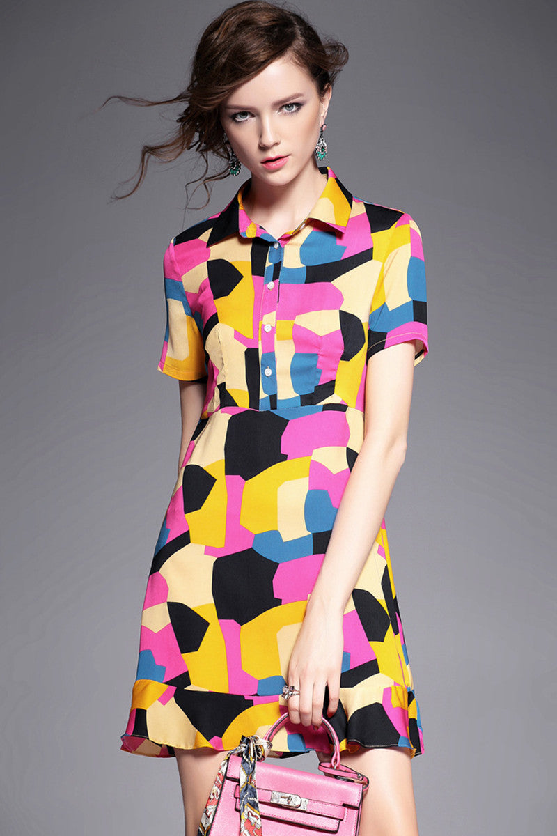 Women's Elegant Color Block Fit Polo Neck Summer Short Skirt - NJOYDRESS - 4