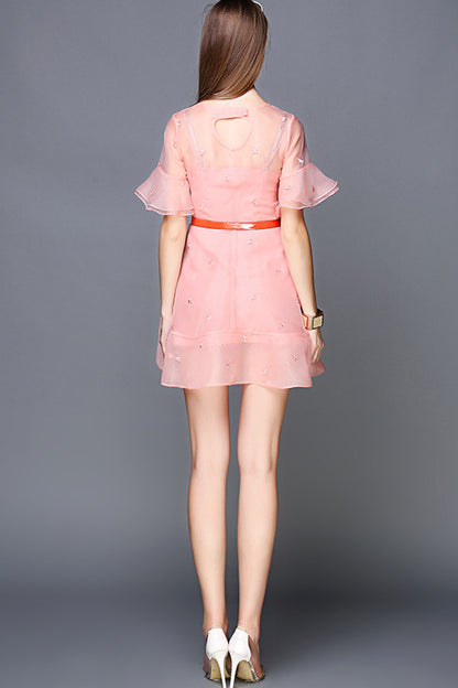 Chiffon Slim Waist Line Falbala Sleeve Dress