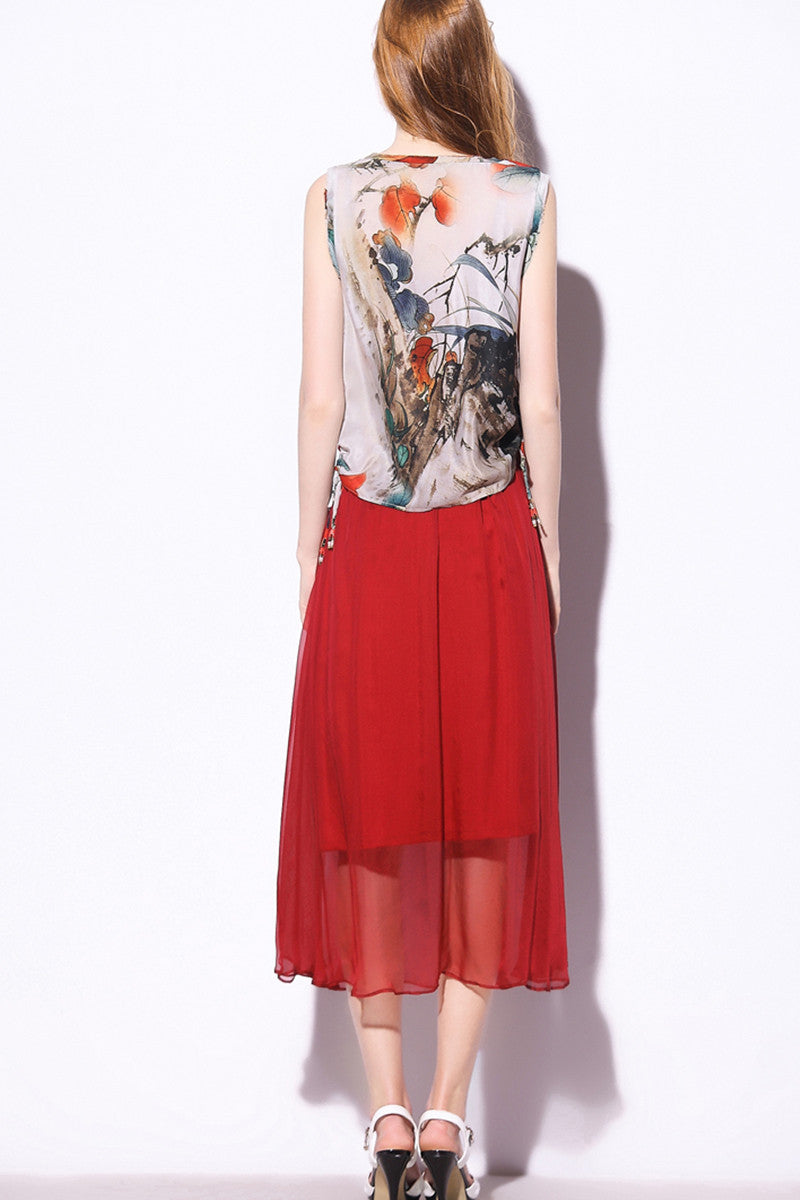 Side Drawstring Ink Tank Top With Solid Maxi Skirt