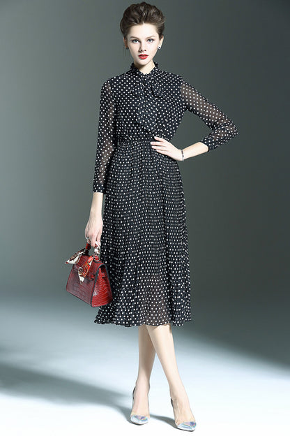 Lacing Neck Dots Print Slim Pleat Flare Midi Chiffon  Dress