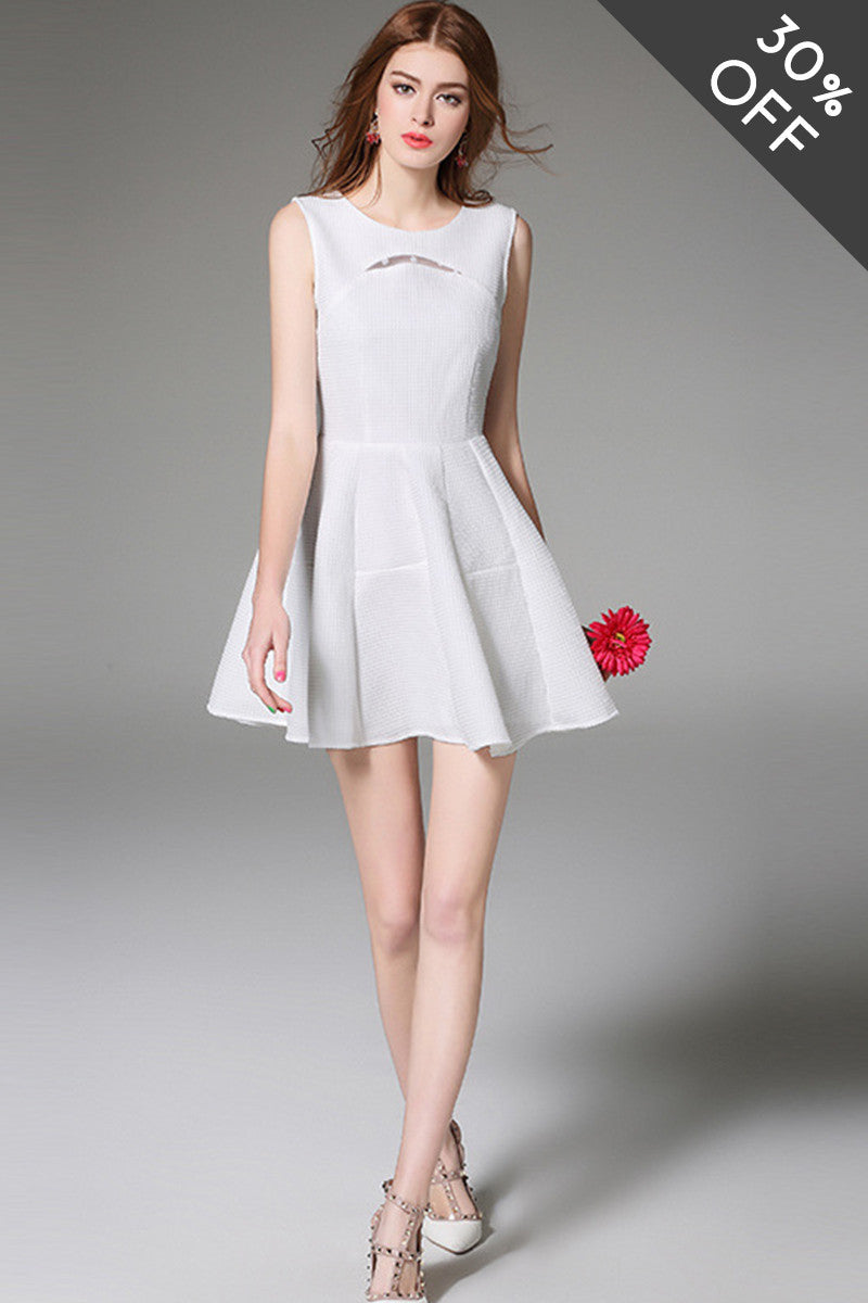 [30% OFF TILL 8 APR] Waffle Lace-Inset Fit-and-Flare Short Cocktail Dress