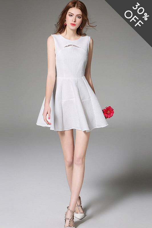 [30% OFF TILL 8 APR] Waffle Lace-Inset Fit-and-Flare Short Cocktail Dress