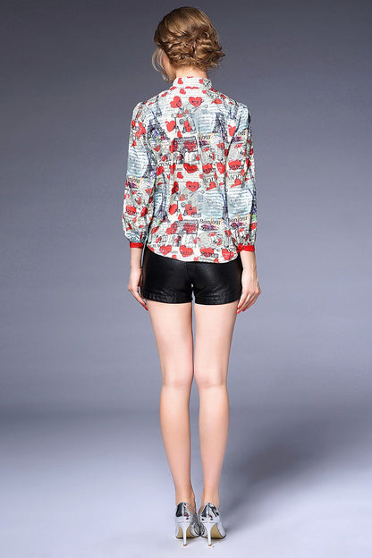 Doll Collar Heart Print  Puff Sleeve Blouse - NJOYDRESS - 3