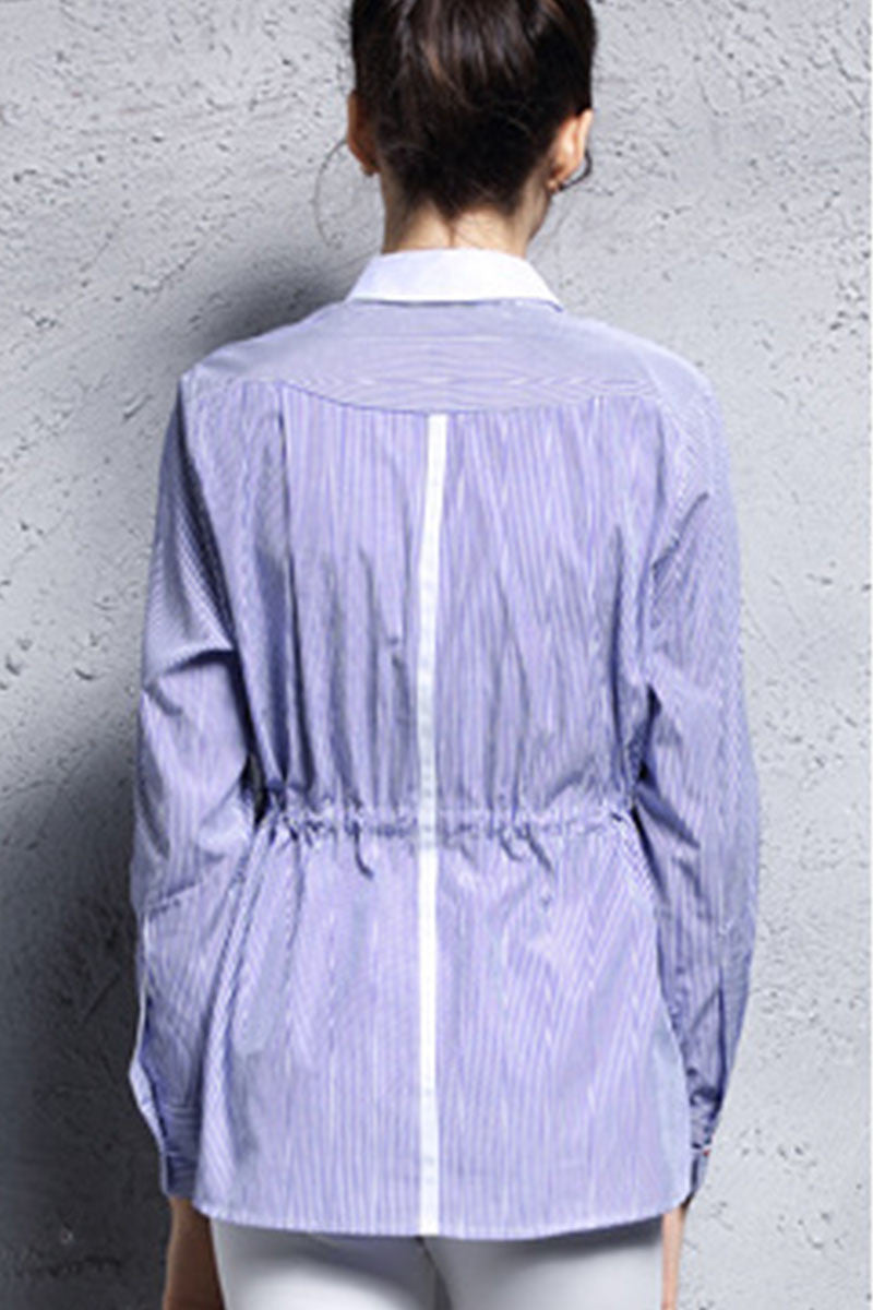 Roll Collar Slim Line Pattern Shirring Waist Shirt - NJOYDRESS - 3