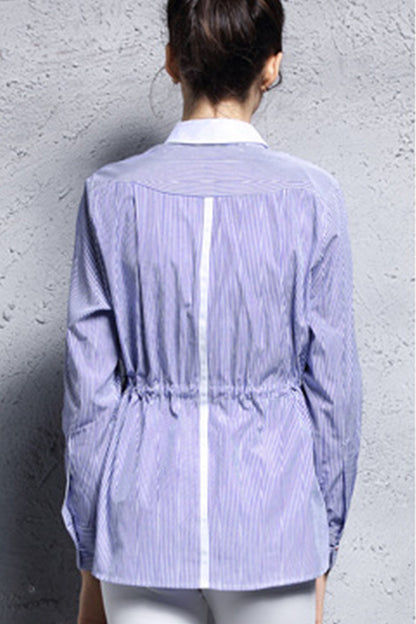 Roll Collar Slim Line Pattern Shirring Waist Shirt - NJOYDRESS - 3