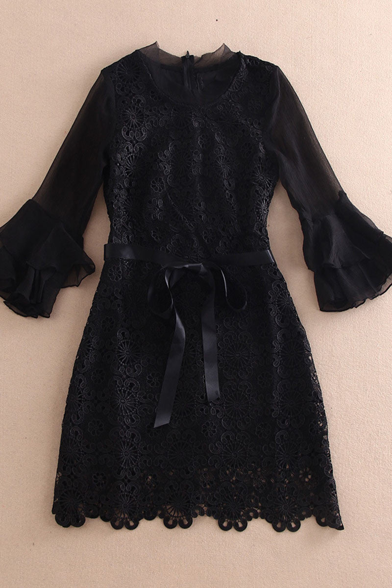 Round Collar Lattern Flare Chiffon Sleeve Lace Dress