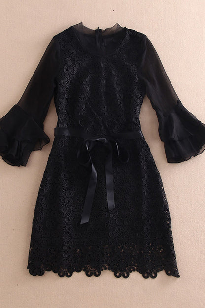 Round Collar Lattern Flare Chiffon Sleeve Lace Dress