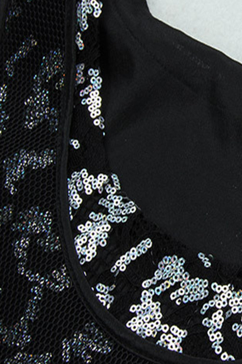 Round Collar Sequins Hollow Perspective Net Pleat Dress