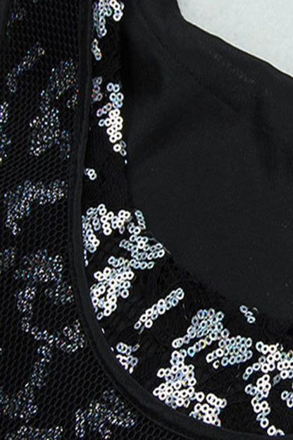 Round Collar Sequins Hollow Perspective Net Pleat Dress