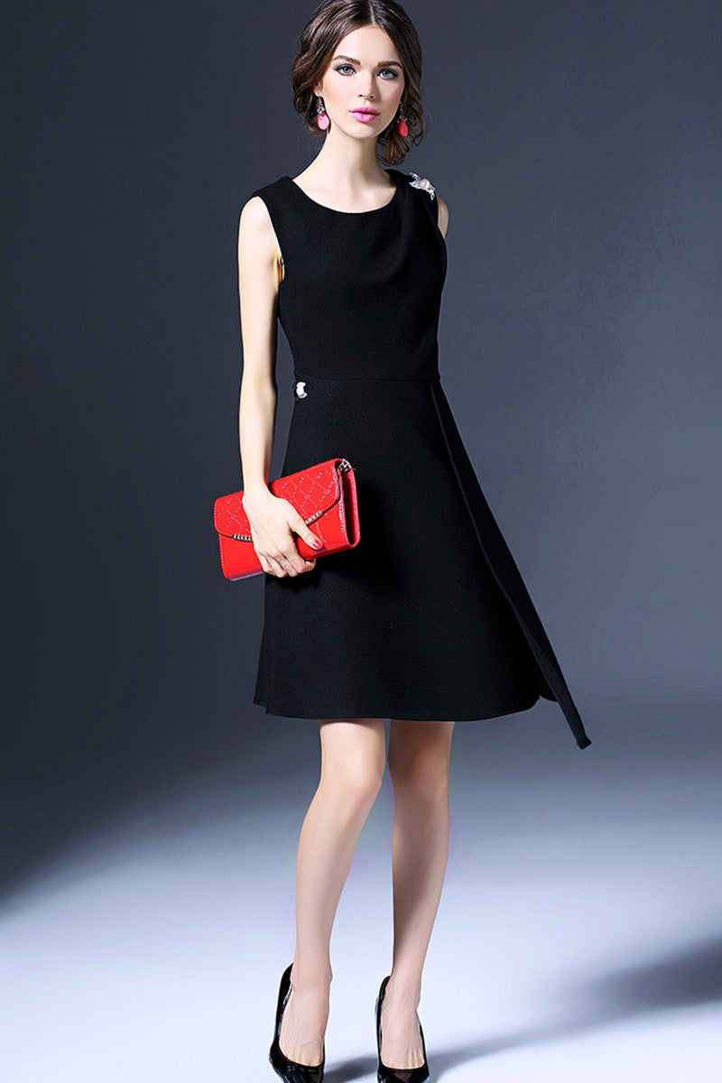 ELEGANT SLEEVELESS ROUND NECK IRREGULARITY BOTTOM MIDI DRESS