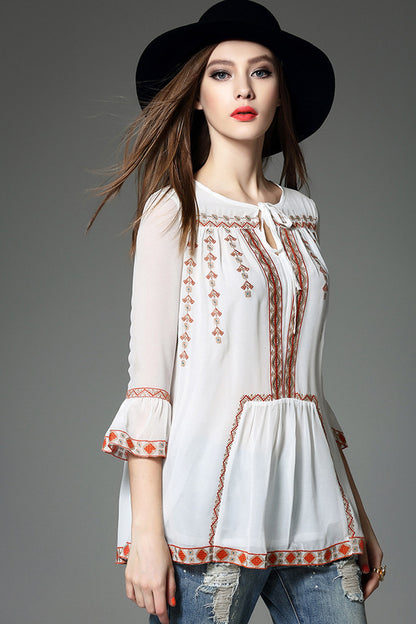 Stripe Emboridered Loose Blouse