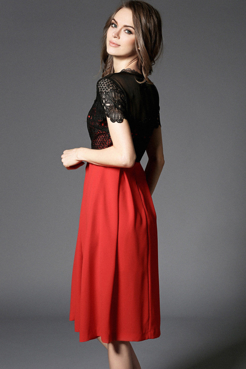 LACE ROUND NECK SHORT SLEEVE MESH COCKTAIL MIDI DRESS