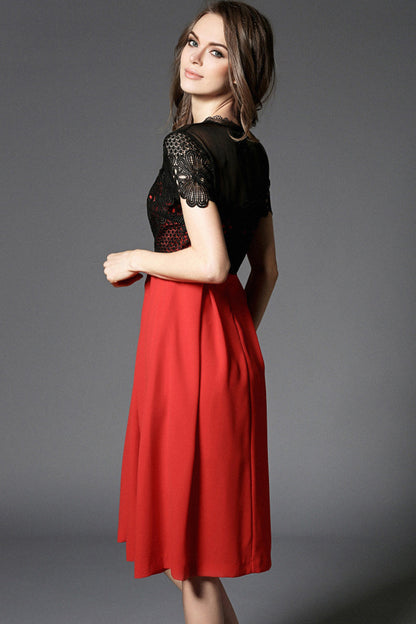 LACE ROUND NECK SHORT SLEEVE MESH COCKTAIL MIDI DRESS
