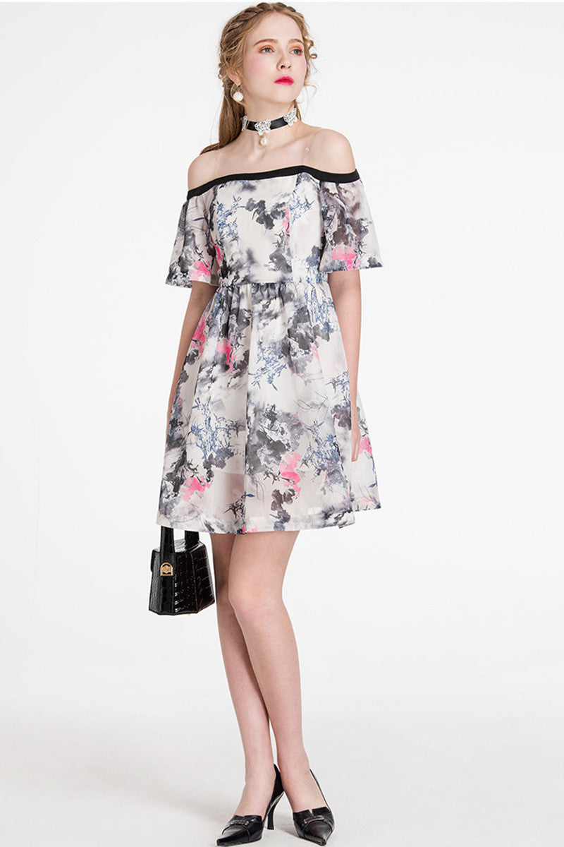 [30% OFF TILL 8 APR] Elegant Strapless Boat Neck Floral Printed Short Sleeve Dress