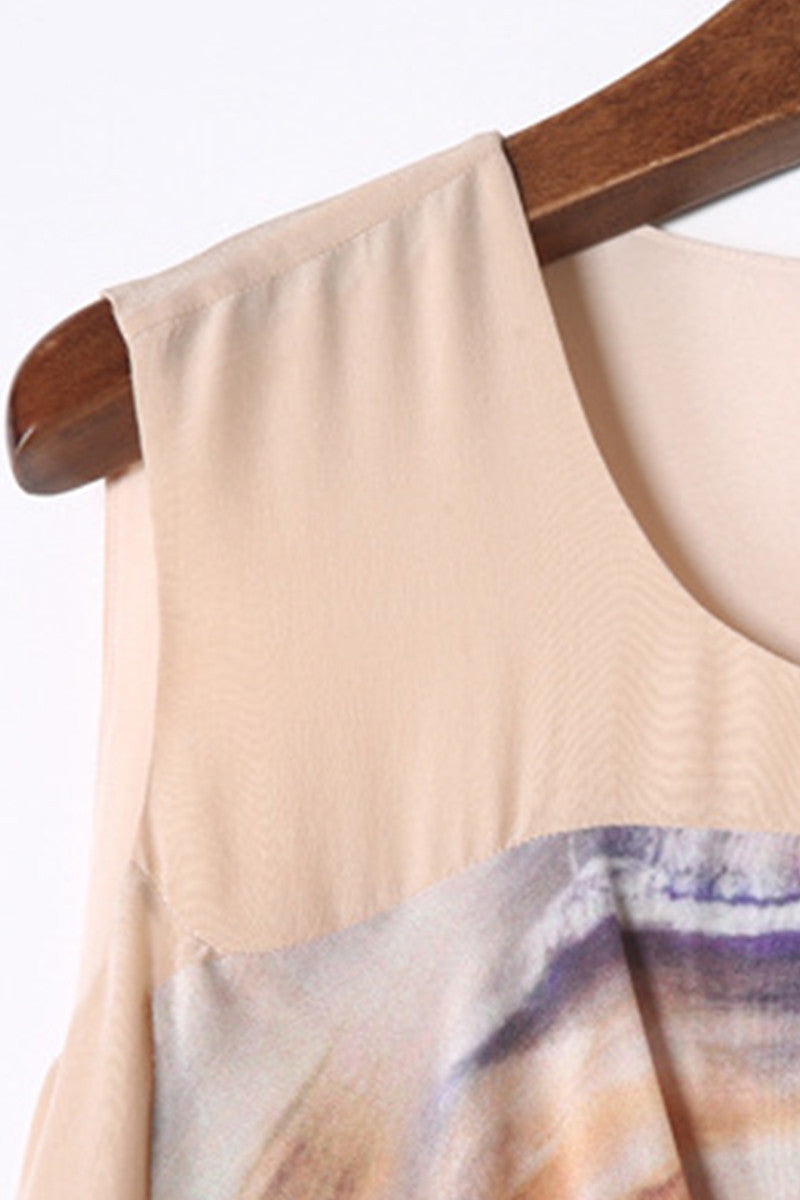 Round Neck Sleveless Elastic Waist Digital Printed DRESS