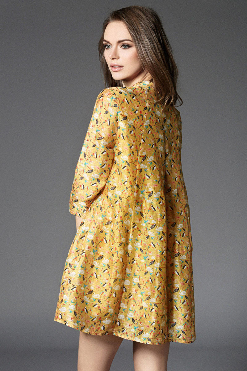 LOOSE CASUAL STAND COLLAR PRINT AND FLORAL 3/4 SLEEVE VACATION SHORT DRESS