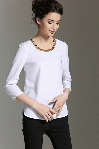 Chain Neck 3/4Sleeve Slit Side Hollow-Out Back Chiffon Top
