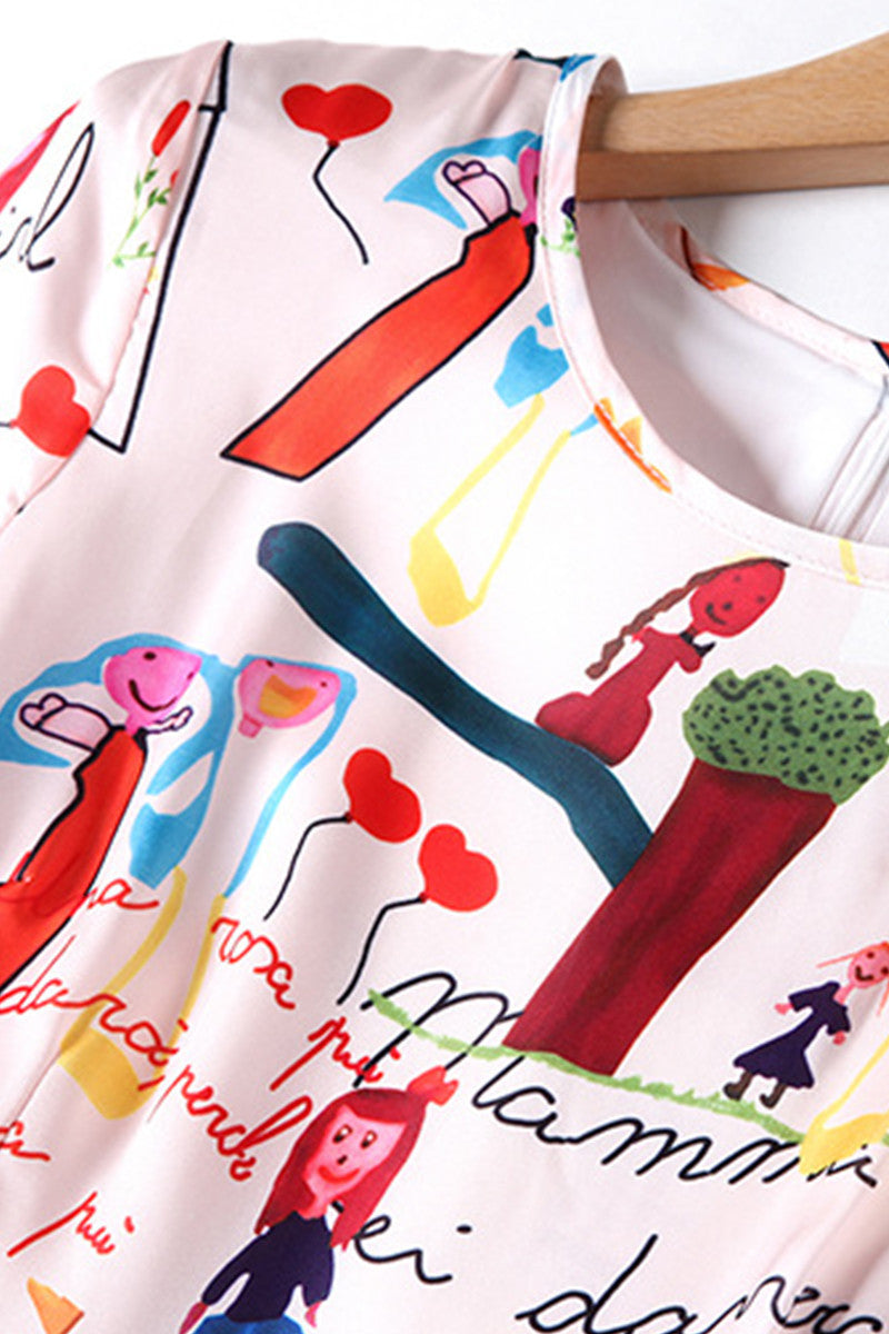 [30% OFF TILL 8 APR] Cute Cartoon Print Short Sleeve Fit-and-Flare Casual Dress