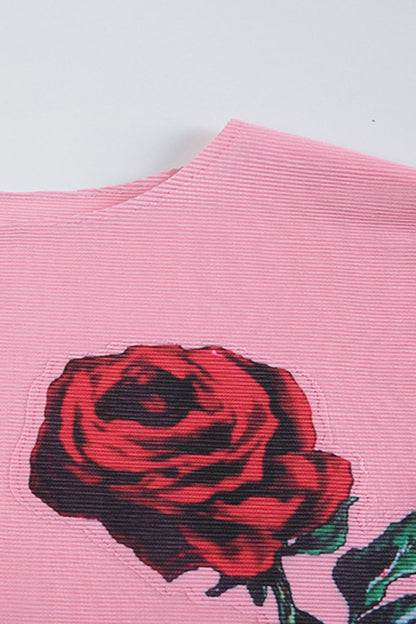Round Collar Roses Pattern Half Sleeve Stretch Loose Mini Dress