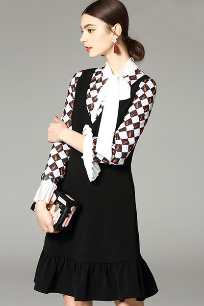 [30% OFF TILL 8 APR] Bow Collar Vintage Paild Long Sleeve Casual Dress