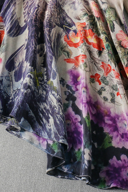 Round Collar A-Line Eagle Floral  Pattern  Irregular Loose Top