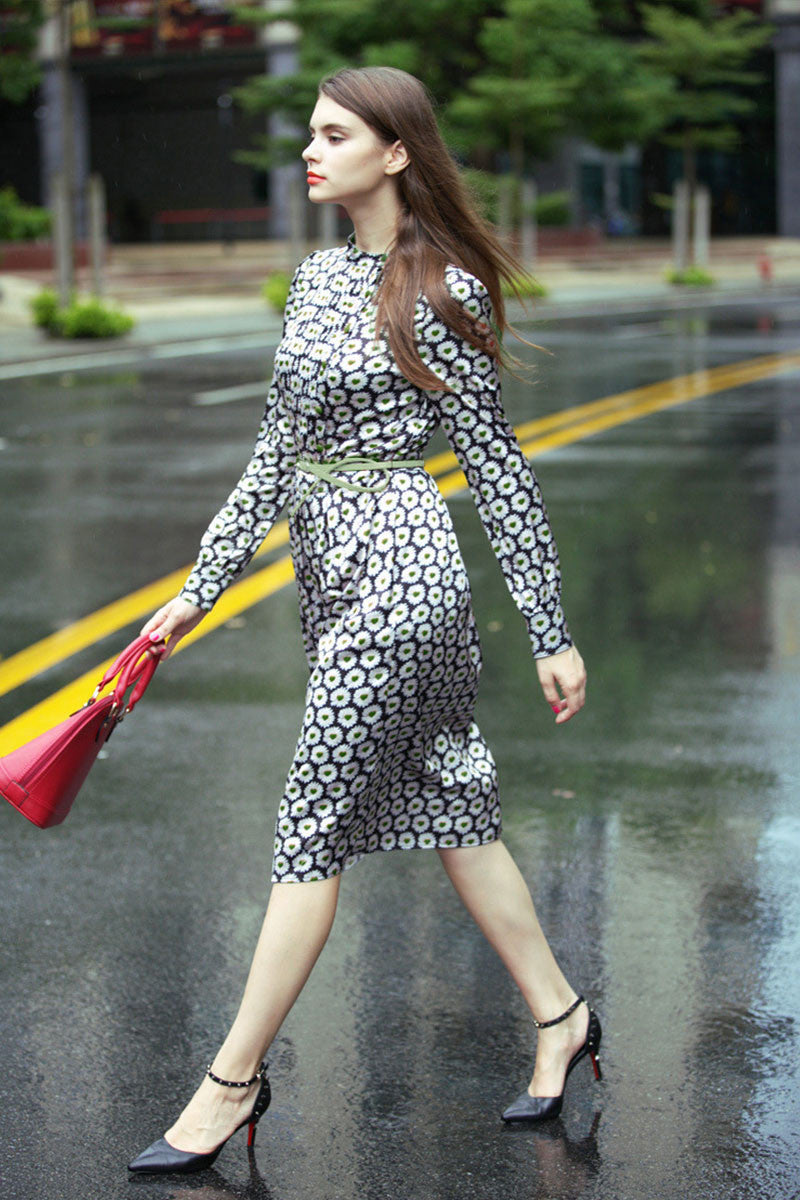 Stand Collar Floral Pattern Pleat Dress With Belt