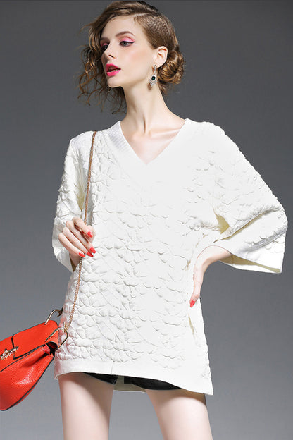 V-Neck Scoop Half Sleeve Loose Knit Jacquard Top - NJOYDRESS - 2