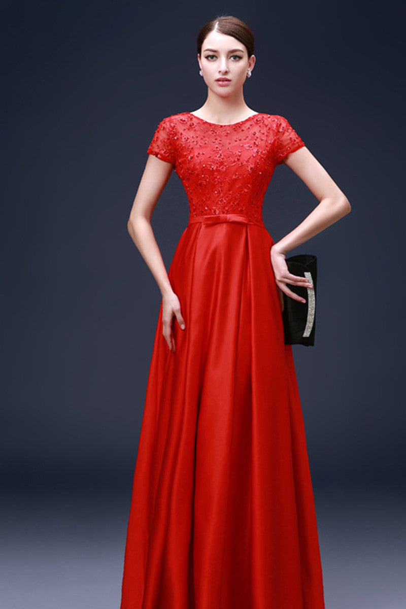 Round Collar Sheer Mesh Beaded Rhinestone Long Dress